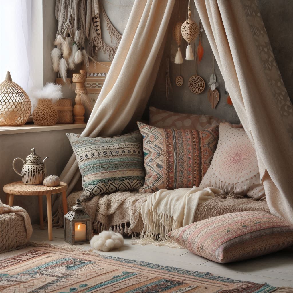 Rincón acogedor decorado al estilo Boho Chic, con cojines de colores sutiles y una manta de tejido ligero